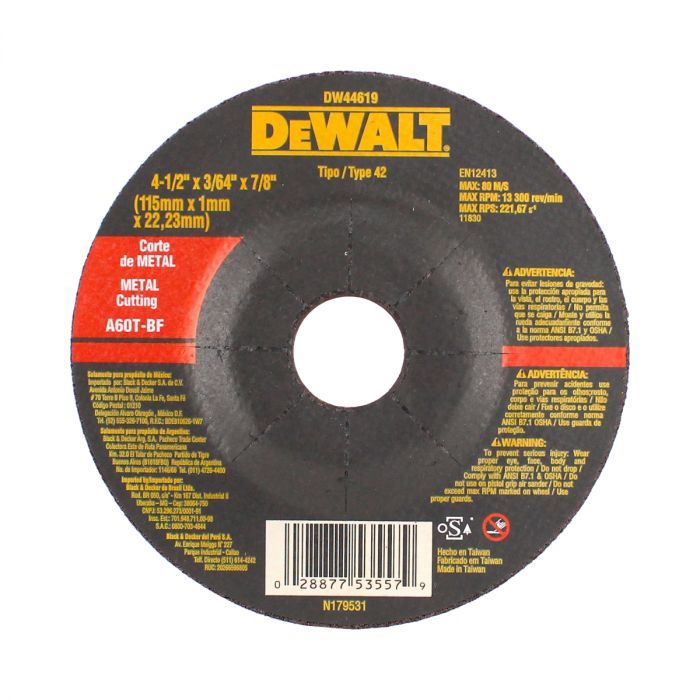 Disco de corte de metal 4-1/2" DW44619 DeWalt