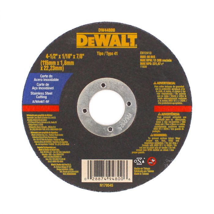 Disco de corte de acero inoxidable 4-1/2" DW44800 DeWalt