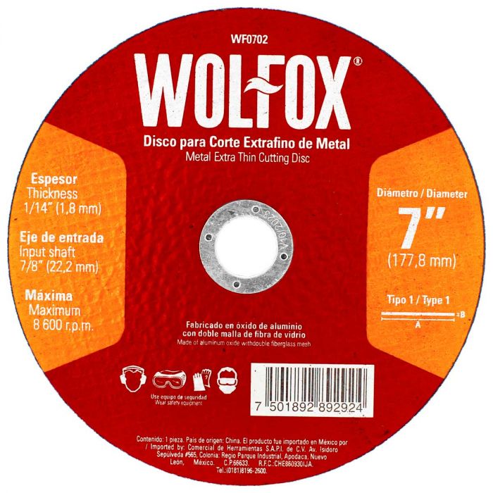 Disco para corte extrafino de metal 7" WF0702 Wolfox