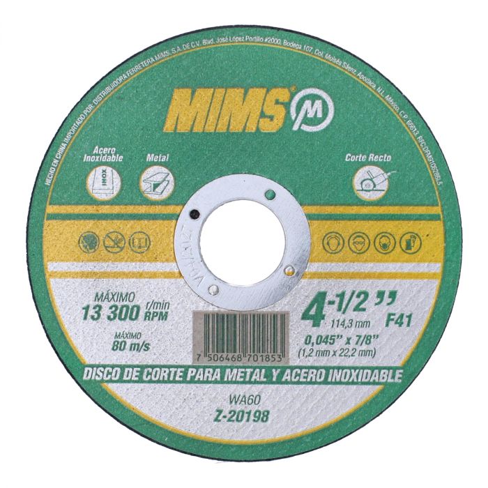 Disco para corte de metal y acero inoxidable 4-1/2" MIMS